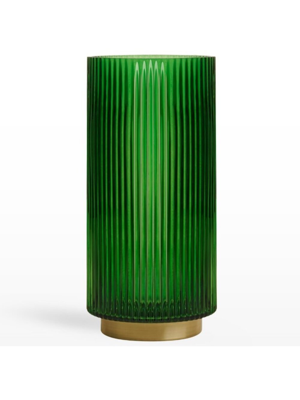 Emerald Green Glass Vase with Gold Base - 10" Ribbed Cylinder for Home Decor